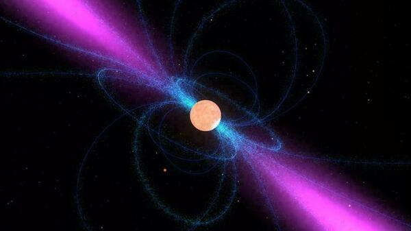 This image shows an artist's impression of a neutron star, surrounded by its strong magnetic field (blue). It emits a narrow beam of radio waves (magenta) above its magnetic poles. When the star's rotation sweeps these beams over the Earth, the neutron star can be detected as a radio pulsar.
NASA Goddard/Walt Feimer