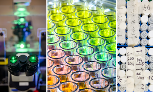 Test tubes in orange, red, green, and yellow