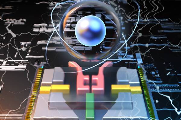 An electron (represented by the ball) is controlled by a resonator (red wires) above a solid neon surface (the transparent square piece under the ball). Noise (disturbances) in the environment (represented by the distortion) becomes quiet around the electron and neon (clear area). Image by Xu Han/Argonne National Laboratory.