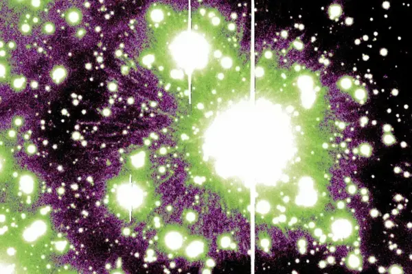 Star J005311: Bright white and green stars and galaxies glow in a purple and black nebula.